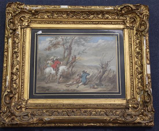 Attributed to Jan Wyck (1640-1702) Hawking and Night Fishing 7.75 x 10.5in.